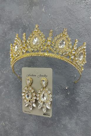 Wholesale Gold Ahu Model Bridal Crown and Shuttle Drop Stone Earrings