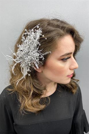 الجملة رمادي كريستال مطرز والريش مقطع الشعر