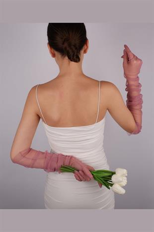 Gül Kurusu Uzun Şık Gelin Eldiveni Tül Eldiven Nikah/Düğün/Parti/Kostüm Eldiveni