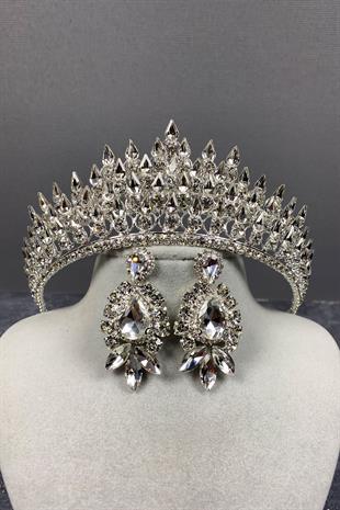 الجملة الفضة قطرة 3D تاج الزفاف ومساء اللباس مجموعة القرط