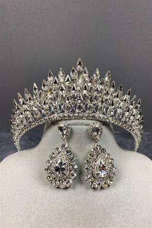 الجملة الفضة قطرة 3D تاج الزفاف ومجموعة القرط الحجر