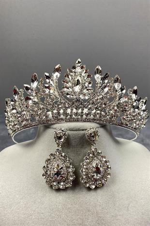 الجملة الفضة دانفر حجر تاج الزفاف ومجموعة القرط المكوك