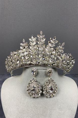 الجملة الفضة Ezel 3D تاج الحناء الزفاف وإسقاط مجموعة القرط الحجر