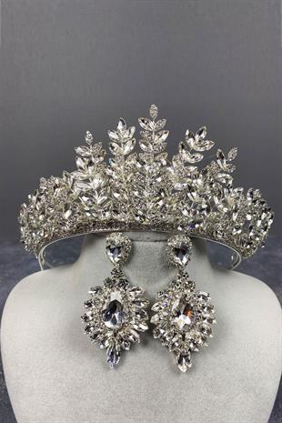 الجملة الفضة Ezel 3D تاج الحناء الزفاف وإسقاط القرط مجموعة