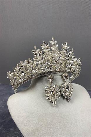 الجملة الفضة Ezel 3D تاج الحناء الزفاف ومجموعة القرط