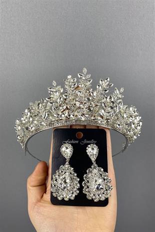 الجملة الفضة Ezel 3D تاج الحناء الزفاف وإسقاط مجموعة القرط الحجر