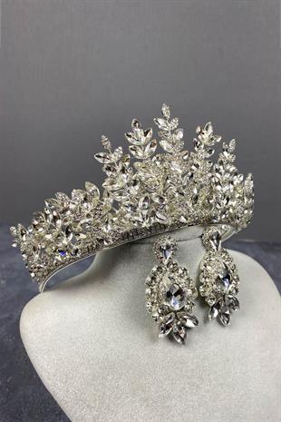 الجملة الفضة Ezel 3D تاج الحناء الزفاف ومجموعة القرط المكوك