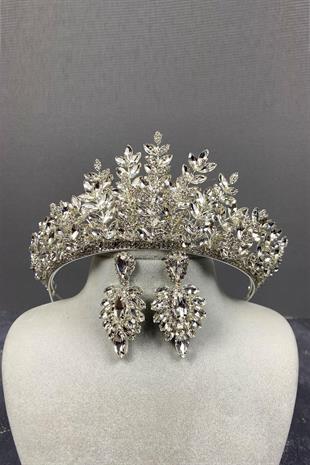 الجملة الفضة Ezel 3D تاج الحناء الزفاف ومجموعة القرط