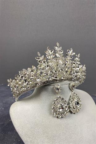 الجملة الفضة Ezel 3D تاج الحناء الزفاف وإسقاط مجموعة القرط الحجر