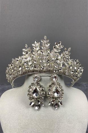 الجملة الفضة Ezel 3D تاج الحناء الزفاف ومجموعة القرط المكوك