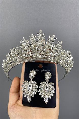 الجملة الفضة Ezel 3D تاج الحناء الزفاف ومجموعة القرط