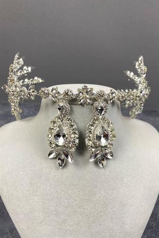 الجملة الفضة الهيلينية على الوجهين تاج الحناء الزفاف ومجموعة القرط الحجر