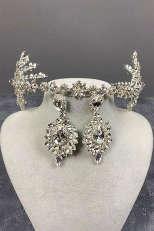 الجملة الفضة Hellenist مزدوجة من جانب تاج الحناء الزفاف ومجموعة القرط