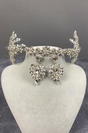 الجملة الفضة الهيلينية الزفاف تاج الحناء ومجموعة القرط حجر المكوك