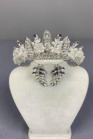 الجملة الفضة حبة Jabbah المطرزة تاج الحناء الزفاف وأقراط ورقة