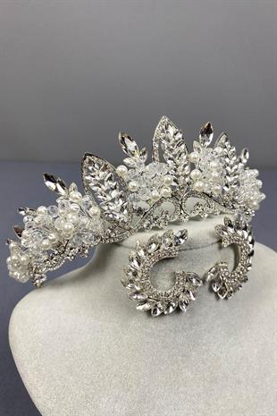 الجملة الفضة حبة Jabbah مطرزة تاج الحناء الزفاف والأقراط المستديرة