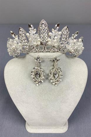 الجملة الفضة حبة Jabbah مطرزة تاج الحناء الزفاف ومجموعة القرط المكوك