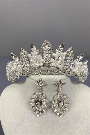 الجملة الفضة حبة Jabbah مطرزة تاج الحناء الزفاف ومجموعة القرط المكوك