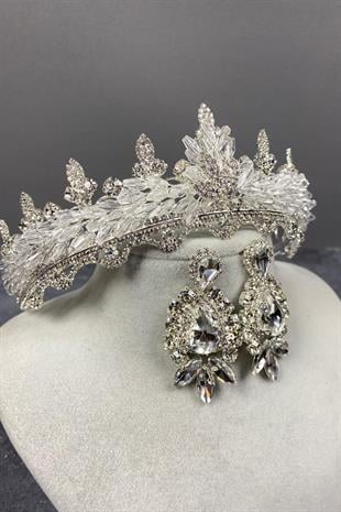 الجملة فضة لينا كريستال تاج الزفاف ومجموعة القرط