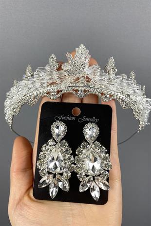 الجملة فضة لينا كريستال تاج الزفاف ومجموعة القرط