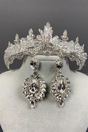 الجملة فضة لينا كريستال تاج الزفاف ومجموعة القرط الحجر