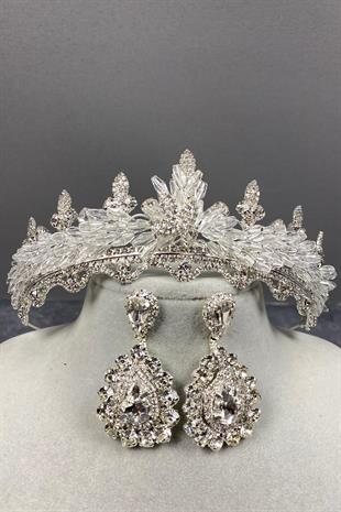 الجملة فضة لينا كريستال تاج الزفاف ومجموعة القرط الحجر