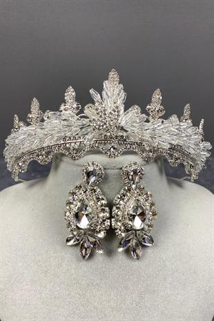 الجملة فضة لينا كريستال تاج الزفاف ومجموعة القرط