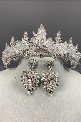 الجملة فضة لينا كريستال تاج الزفاف ومجموعة القرط حجر المكوك