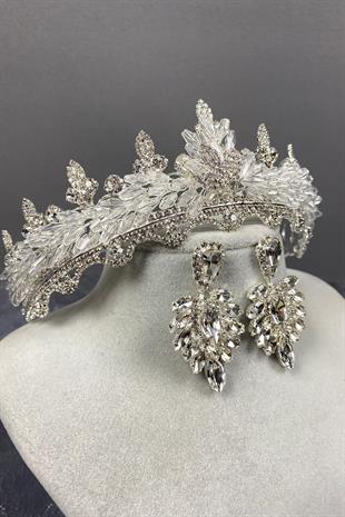 الجملة فضة لينا كريستال تاج الزفاف ومجموعة القرط حجر المكوك