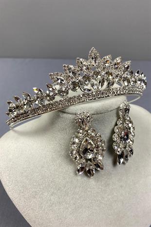 الجملة تاج الزفاف فضة لين ومجموعة القرط حجر المكوك اللوز