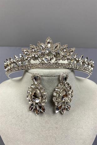 الجملة تاج الزفاف فضة لين ومجموعة القرط حجر المكوك اللوز