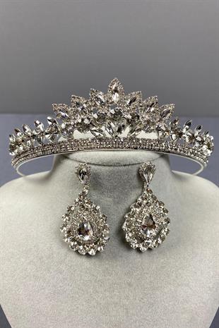 الجملة تاج الزفاف الفضة Leyn وإسقاط مجموعة القرط الحجر