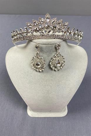 الجملة تاج الزفاف الفضة Leyn وإسقاط مجموعة القرط الحجر