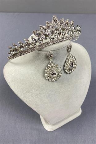 الجملة تاج الزفاف الفضة Leyn وإسقاط مجموعة القرط الحجر