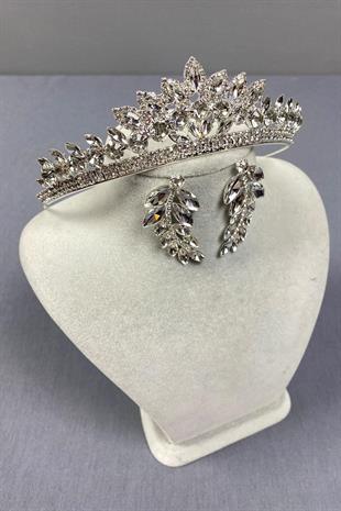 الجملة تاج الزفاف الفضة Leyn ومجموعة القرط ورقة الحجر