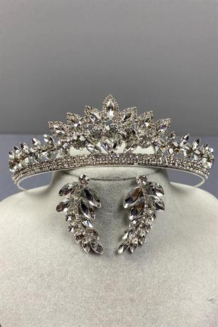 الجملة تاج الزفاف الفضة Leyn ومجموعة القرط ورقة الحجر