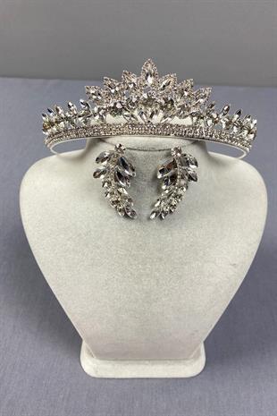 الجملة تاج الزفاف الفضة Leyn ومجموعة القرط ورقة الحجر