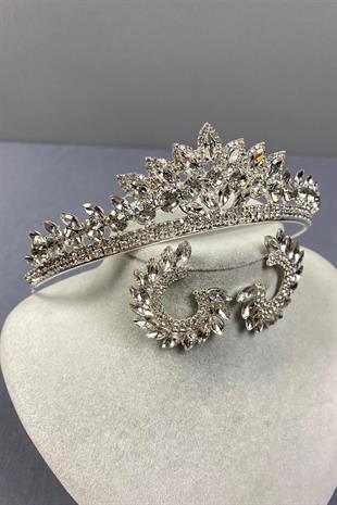 الجملة تاج الزفاف الفضة Leyn ومجموعة القرط حجر الجولة