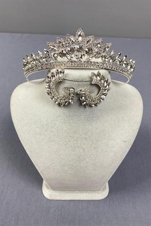 الجملة تاج الزفاف الفضة Leyn ومجموعة القرط حجر الجولة