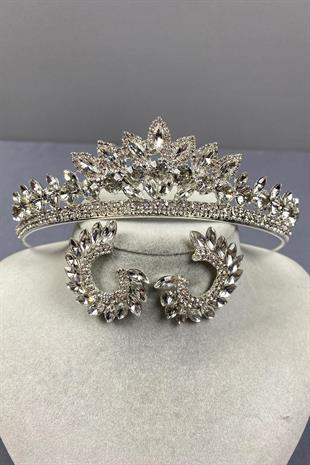 الجملة تاج الزفاف الفضة Leyn ومجموعة القرط حجر الجولة