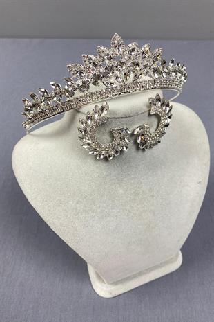 الجملة تاج الزفاف الفضة Leyn ومجموعة القرط حجر الجولة