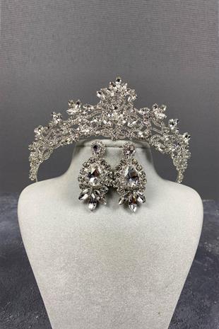 الجملة الفضة الزفاف ميليس تاج الحناء ومجموعة القرط حجر المكوك