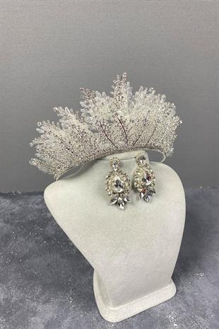 الجملة الفضة نيروبي مطرز تاج الزفاف ومجموعة القرط المكوك