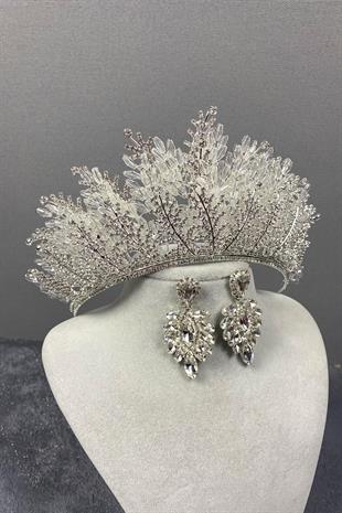 الجملة الفضة نيروبي مطرز تاج الزفاف ومجموعة القرط الحجر