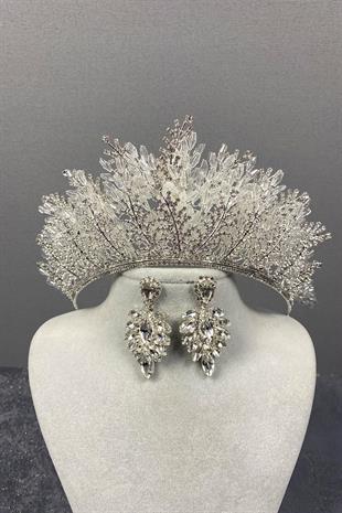 الجملة الفضة نيروبي مطرز تاج الزفاف ومجموعة القرط الحجر