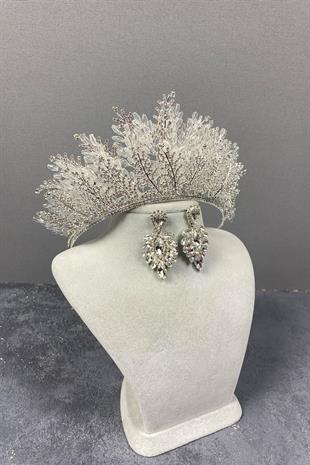 الجملة الفضة نيروبي مطرز تاج الزفاف ومجموعة القرط الحجر