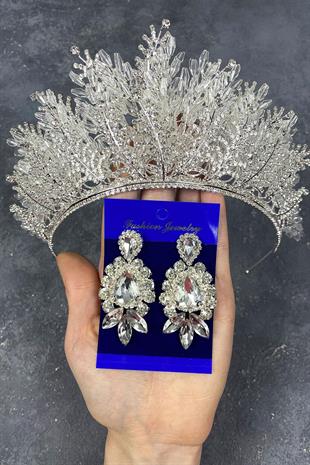 الجملة الفضة نيروبي مطرز تاج الزفاف ومجموعة القرط المكوك