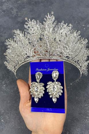 الجملة الفضة نيروبي مطرز تاج الزفاف ومجموعة القرط الحجر