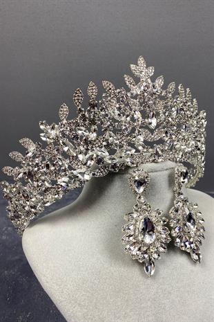 الجملة الفضة تاج الزفاف أوسكار ومجموعة القرط حجر المكوك