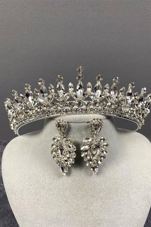 الجملة الفضة بيدرو ستون الزفاف تاج الحناء ومجموعة القرط المكوك